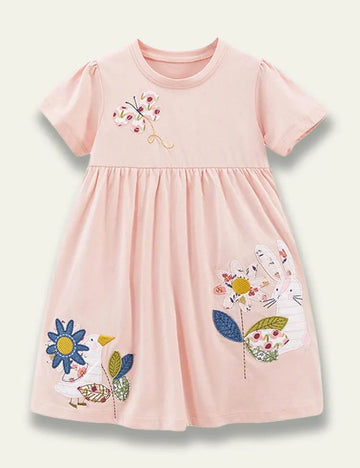 Animal Flower Appliqué Short Sleeve Dress - Mini Taylor